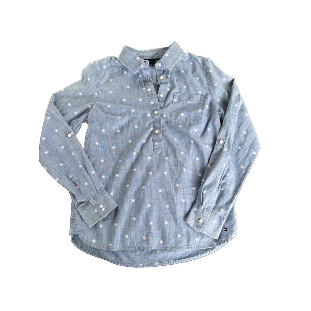 Tommy Hilfiger Chambray Popover Shirt Women's Size Small Light Denim W/polkadots